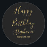 Happy Birthday Golden Yellow Black Custom Name Classic Round Sticker<br><div class="desc">Designed with golden yellow text template for "Happy Birthday" message,  name and day which you may edit to customise and also custom colour background!</div>