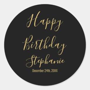 Happy Birthday Golden Yellow Black Custom Name Classic Round Sticker
