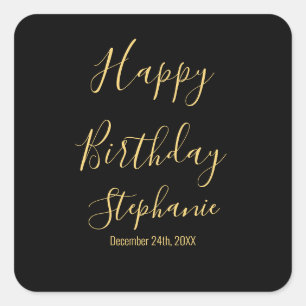 Happy Birthday Golden Yellow Black Custom Name Square Sticker