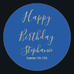 Happy Birthday Golden Yellow Blue Custom Name Classic Round Sticker<br><div class="desc">Designed with golden yellow text template for "Happy Birthday" message,  name and day which you may edit to customise and also custom colour background!</div>