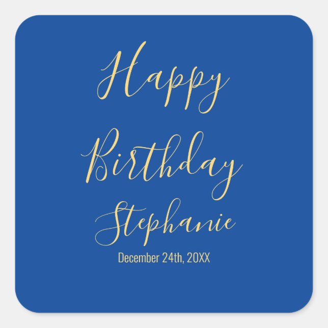 Happy Birthday Golden Yellow Blue Custom Name Square Sticker (Front)