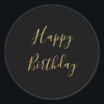 Happy Birthday Golden Yellow Custom Text Black Classic Round Sticker<br><div class="desc">Designed with golden yellow text template for "Happy Birthday" message which you may edit to customise and also custom colour background!</div>