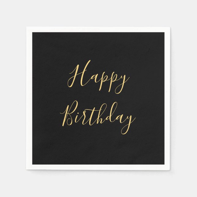 Happy Birthday Golden Yellow Custom Text Black Napkin (Front)