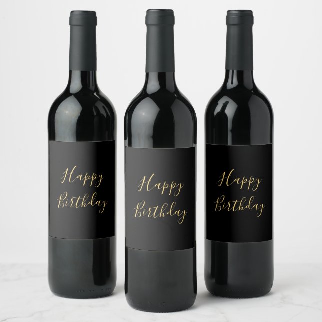 Happy Birthday Golden Yellow Custom Text Black Wine Label (Bottles)