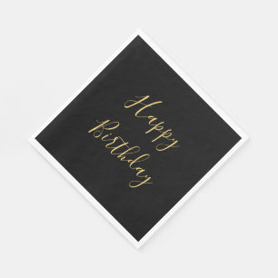 Happy Birthday Golden Yellow Text Black Custom  Napkin