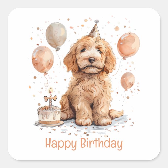 Happy Birthday Goldendoodle Dog Birthday Cake Square Sticker (Front)