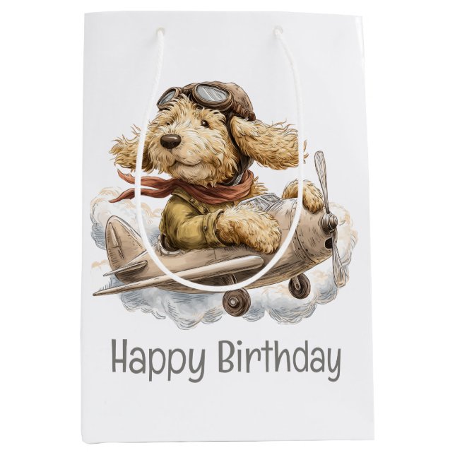 Happy Birthday Goldendoodle Dog Pilot Aeroplane Medium Gift Bag (Front)