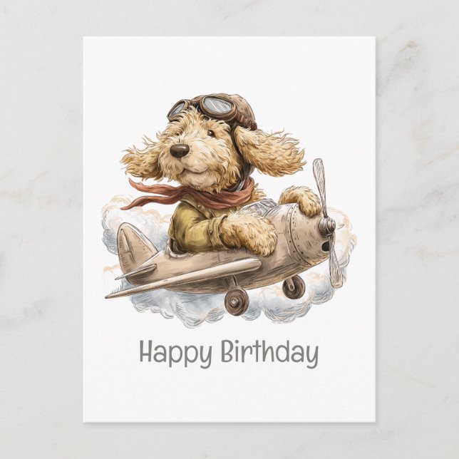 Happy Birthday Goldendoodle Dog Pilot Aeroplane Postcard (Front)