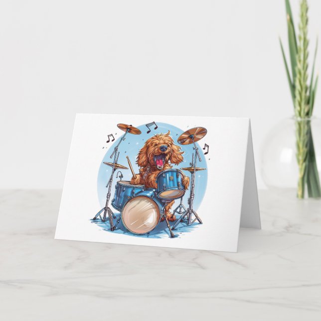 Happy Birthday Goldendoodle Dog Playing Drums Card (Front)