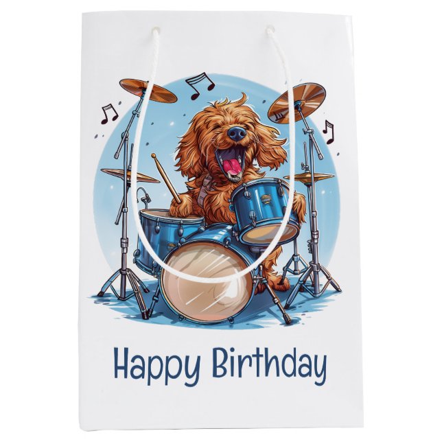 Happy Birthday Goldendoodle Dog Playing Drums Medium Gift Bag (Front)
