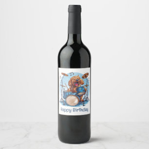 Happy Birthday Goldendoodle Dog Playing Drums Wine Label