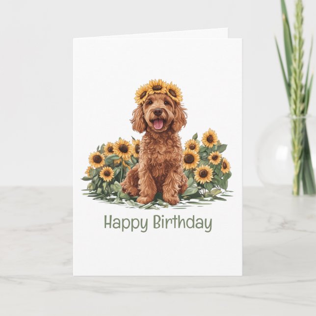 Happy Birthday Goldendoodle Dog Sunflower Crown Card (Front)