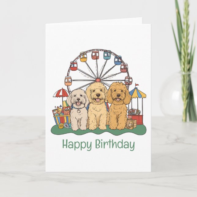 Happy Birthday Goldendoodle Dogs At A Carnival  Card (Front)