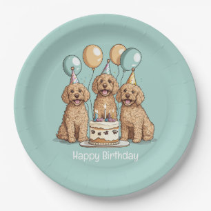 Happy Birthday Goldendoodle Dogs Paper Plate