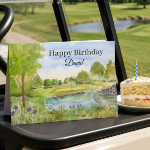 Happy Birthday Golf Course with Heron Personalise Card