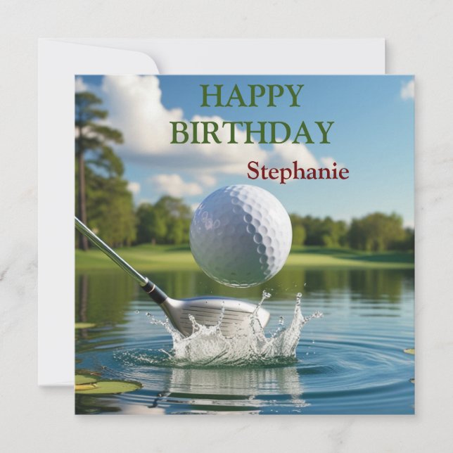 Happy Birthday Golfing Ball Hitting Water Card (Front)