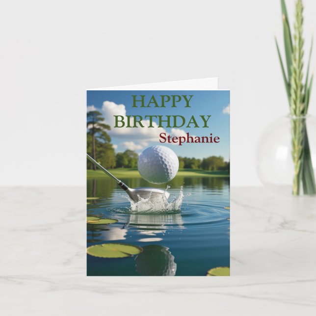 Happy Birthday Golfing Ball Hitting Water Card (Front)
