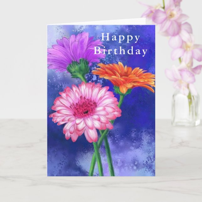 Happy Birthday - Gorgeous Three Colour Gerberas Card (Orchid)