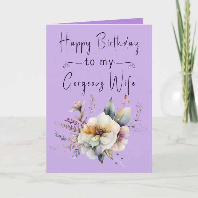 Happy birthday gorgeous wife flowers purple card (Front)