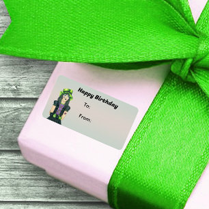 Happy Birthday Gothic Girl Tattoo Green Black Hair Label