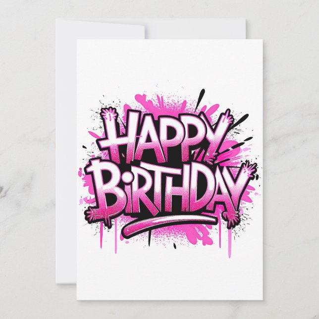 Happy Birthday Graffiti Pink and White Invitation (Front)