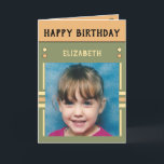 Happy Birthday Granddaughter name photo green Card<br><div class="desc">Greeting card for your Granddaughter.
Add two photos,  name and message.
Designed in green,  orange,  yellow,  with stripes and dots.
Best kid ever.</div>