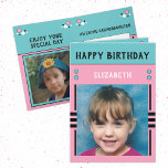 Happy Birthday Granddaughter name photo pink Card<br><div class="desc">Greeting card for your Granddaughter.
Add two photos,  name and message.
Designed in pink,  blue,  black,  with stripes and dots.
Best kid ever.</div>