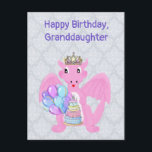 Happy Birthday Granddaughter Pink Baby Dragon Holiday Postcard<br><div class="desc">This birthday card for a young grand daughter my drawing of a cute pink young dragon with wings. I have added the tiara on it's head. The sweet pink dragon holds a cake with candles and a bunch of balloons. You can change the text on the front to make this...</div>