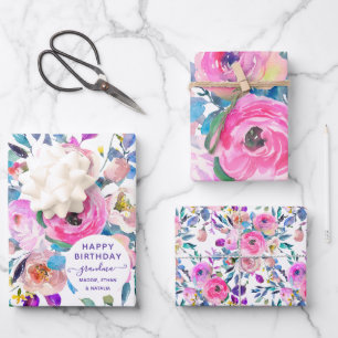 Happy Birthday Grandma Floral Wrapping Paper Sheet