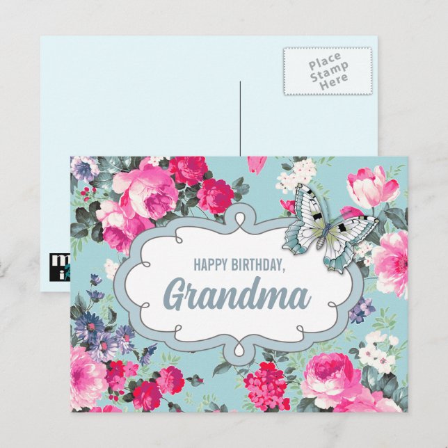 Happy Birthday, Grandma. Flowers & Butterfly Postcard (Front/Back)