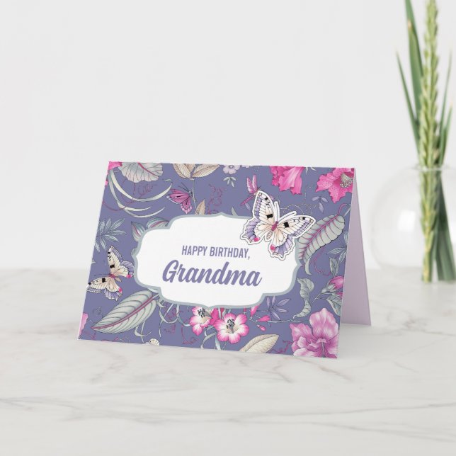 Happy Birthday,Grandma. Lilac Flowers & Butterfly Card (Front)