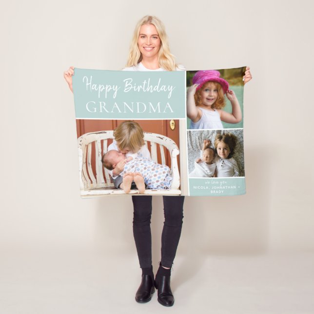 Happy Birthday Grandma Photo Collage Aqua Fleece Blanket (In Situ)