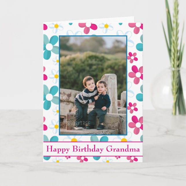 Happy Birthday Grandma Photo Floral Background Card (Front)