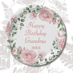 Happy Birthday Grandma Pink Floral Party Paper Plate