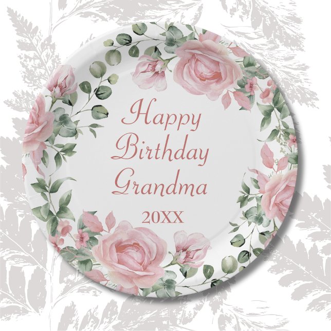 Happy Birthday Grandma Pink Floral Party  Paper Plate (Creator Uploaded)