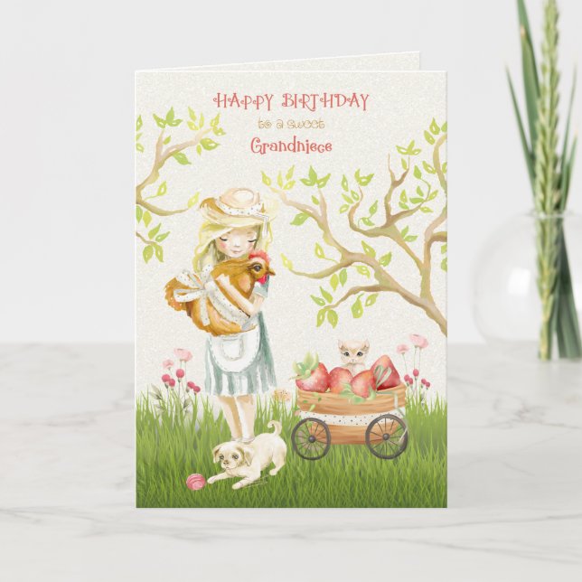 Happy Birthday Grandniece Country Girl and Animals Card (Front)