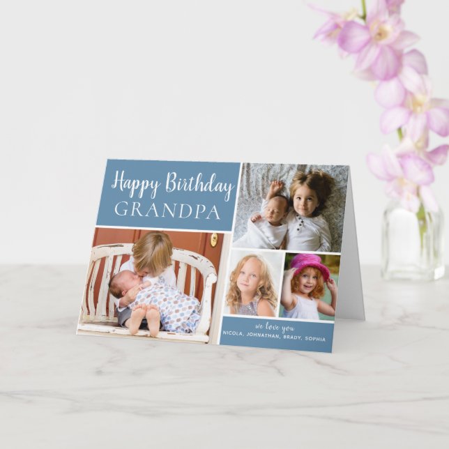 Happy Birthday Grandpa Photo Collage Blue Card (Orchid)