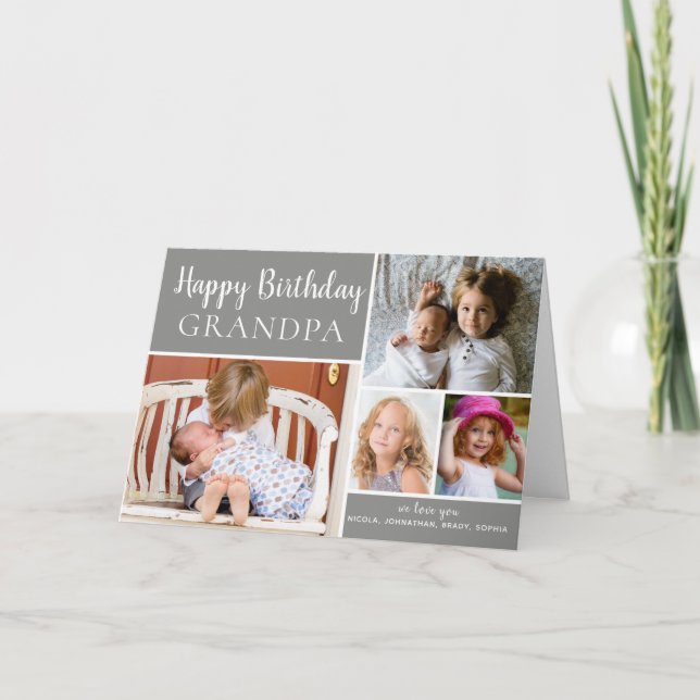 Happy Birthday Grandpa Photo Collage Grey Card (Front)