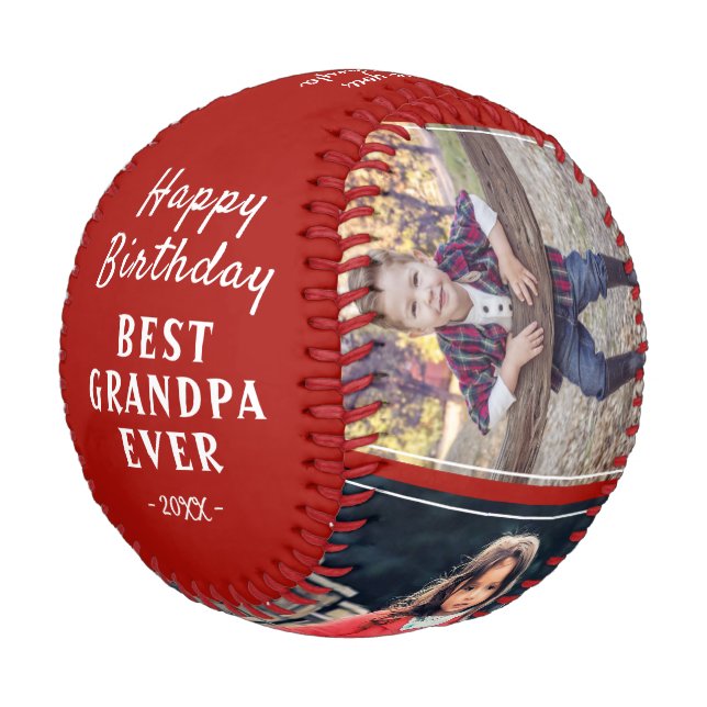Happy Birthday Grandpa Red 3 Photo Collage Baseball (Angled)