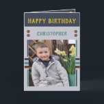 Happy Birthday Grandson best day photo name grey Card<br><div class="desc">Greeting card for your Grandson.
Add two photos,  name and message.
Designed in green,  yellow,  grey,  with stripes and dots.
Best kid ever.</div>