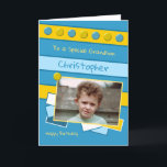 Happy Birthday Grandson blue and yellow photo Card<br><div class="desc">Personalize this Birthday Card for your Grandson
Designed in blue and yellow
Add his name 
Happy Birthday
To a special Grandson
Have a great day</div>
