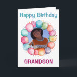 Happy Birthday Grandson Custom Photo Card<br><div class="desc">Sweet birthday card for your grandson. On the front is a round frame made from colourful balloons that will frame your photo. Over the photo in blue text are the words "Happy Birthday" while below the photo in a dark pinkish red text is the word "Grandson". Inside the card are...</div>