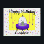 Happy Birthday, Grandson, Cute Space Alien Postcard<br><div class="desc">This birthday postcard for a grandson has my digital drawing of a purple flying saucer with a green space alien inside. The space alien is on a background of colorful stars with hanging stars on each side. You can change the text to make this postcard suitable for anyone. Other birthday...</div>