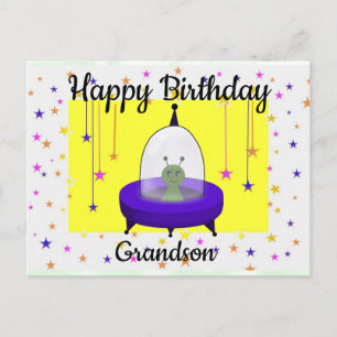 Happy Birthday, Grandson, Cute Space Alien Postcard