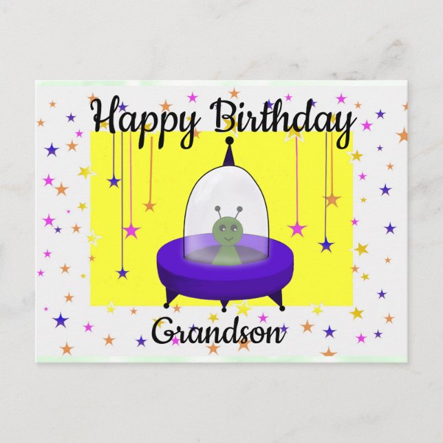 Happy Birthday, Grandson, Cute Space Alien Postcard (Front)