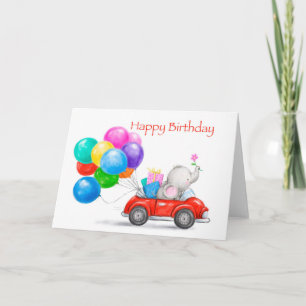 Happy birthday grandson, elephant driving red car card