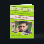 Happy Birthday Grandson green and brown photo Card<br><div class="desc">Personalise this Birthday Card for your Grandson
Designed in lime green and brown
Add his name 
Happy Birthday
To a special Grandson
Have a great day</div>