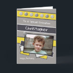 Happy Birthday Grandson grey and yellow photo Card<br><div class="desc">Personalise this Birthday Card for your Grandson
Designed in grey,  yellow and black
Add his name 
Happy Birthday
To a special Grandson
Have a great day</div>
