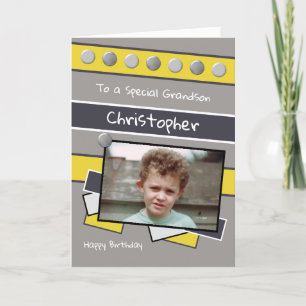 Happy Birthday Grandson grey and yellow photo Card