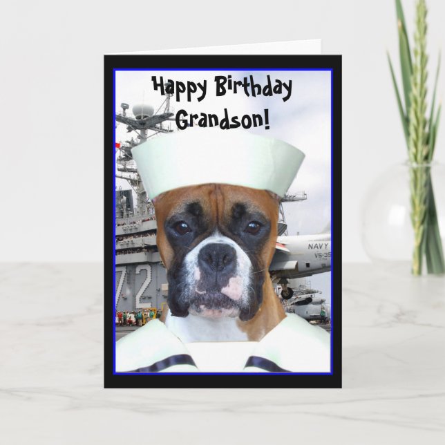 Happy Birthday Grandson Navy boxer greeting card (Front)